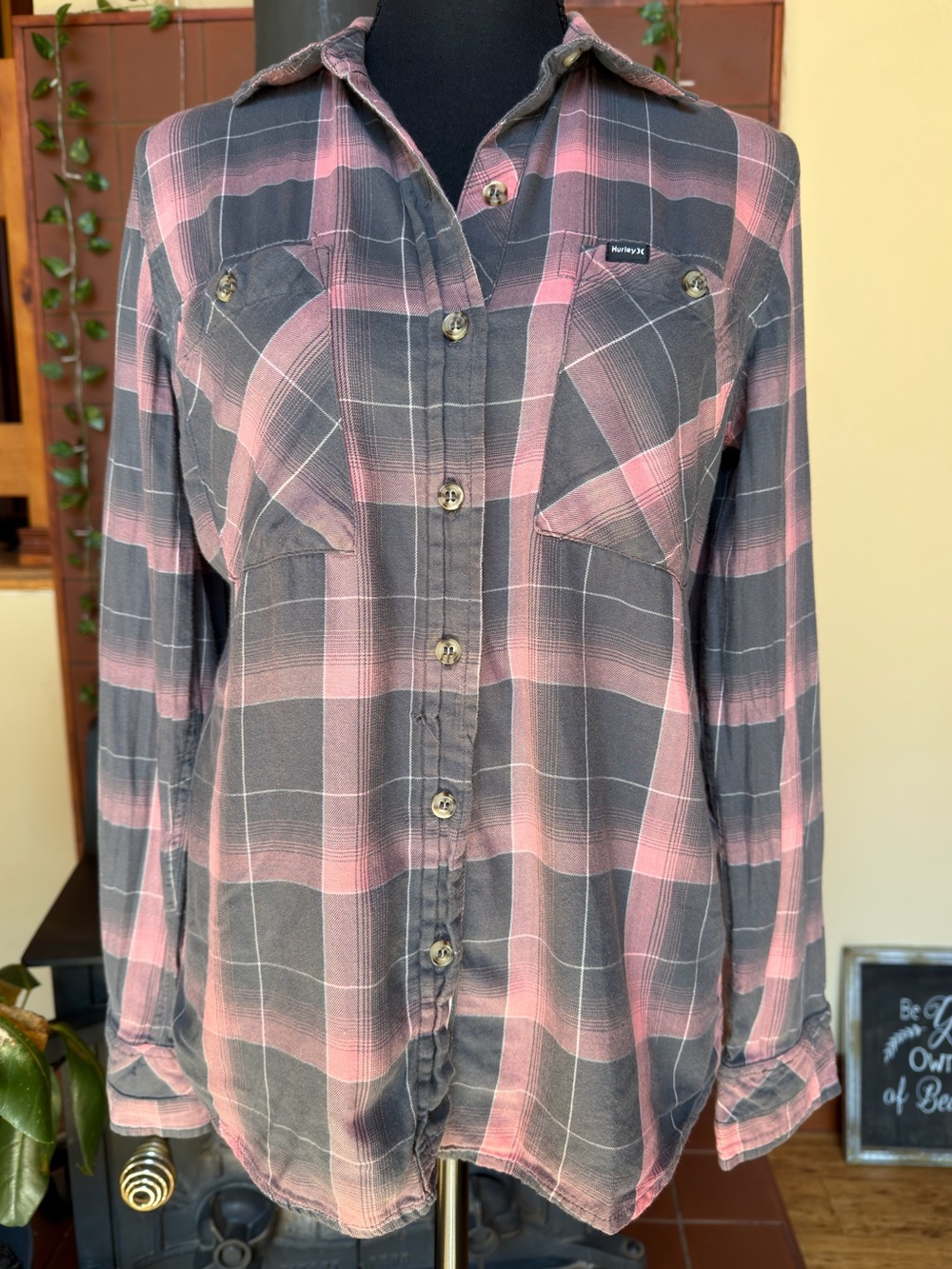 #376- Hurley Pink and Gray Plaid Button-Down Shirt
